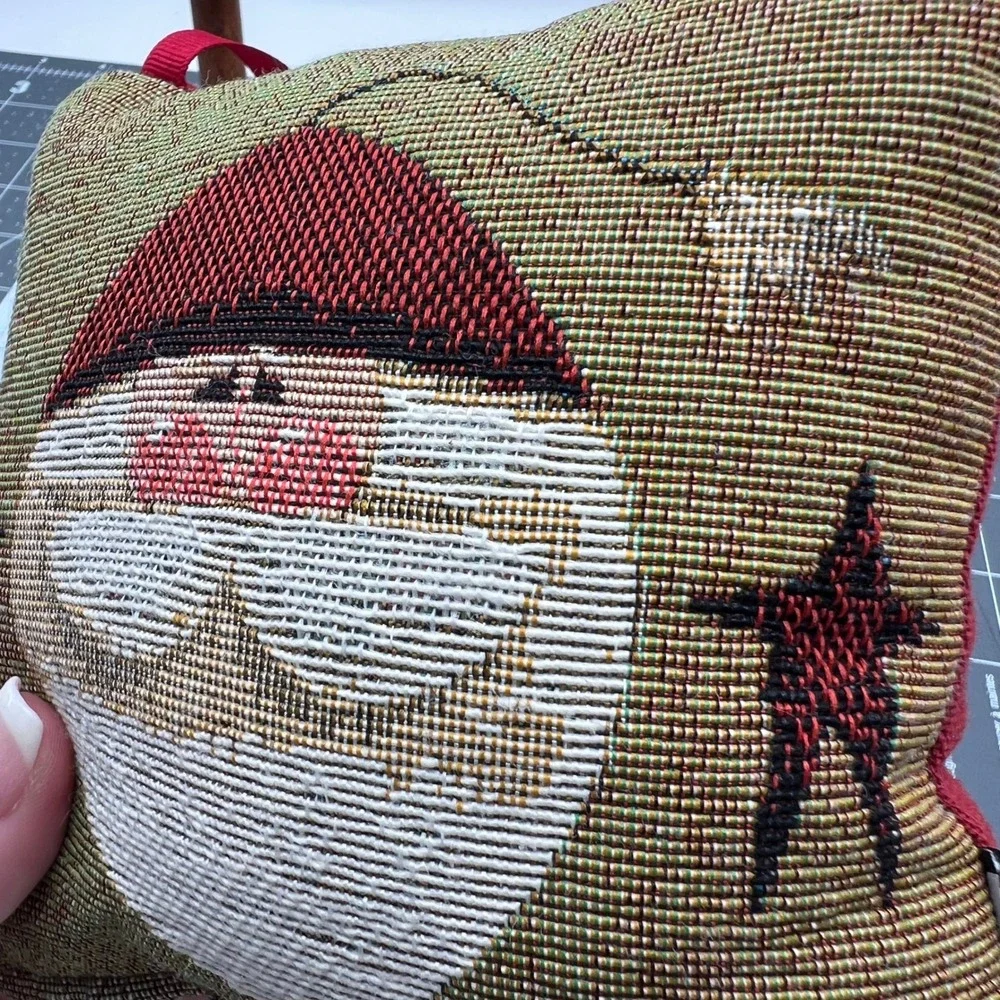 Santa Claus Tapestry Door Hanger Pillow Woven Christmas Decor 6x6 Red Gold